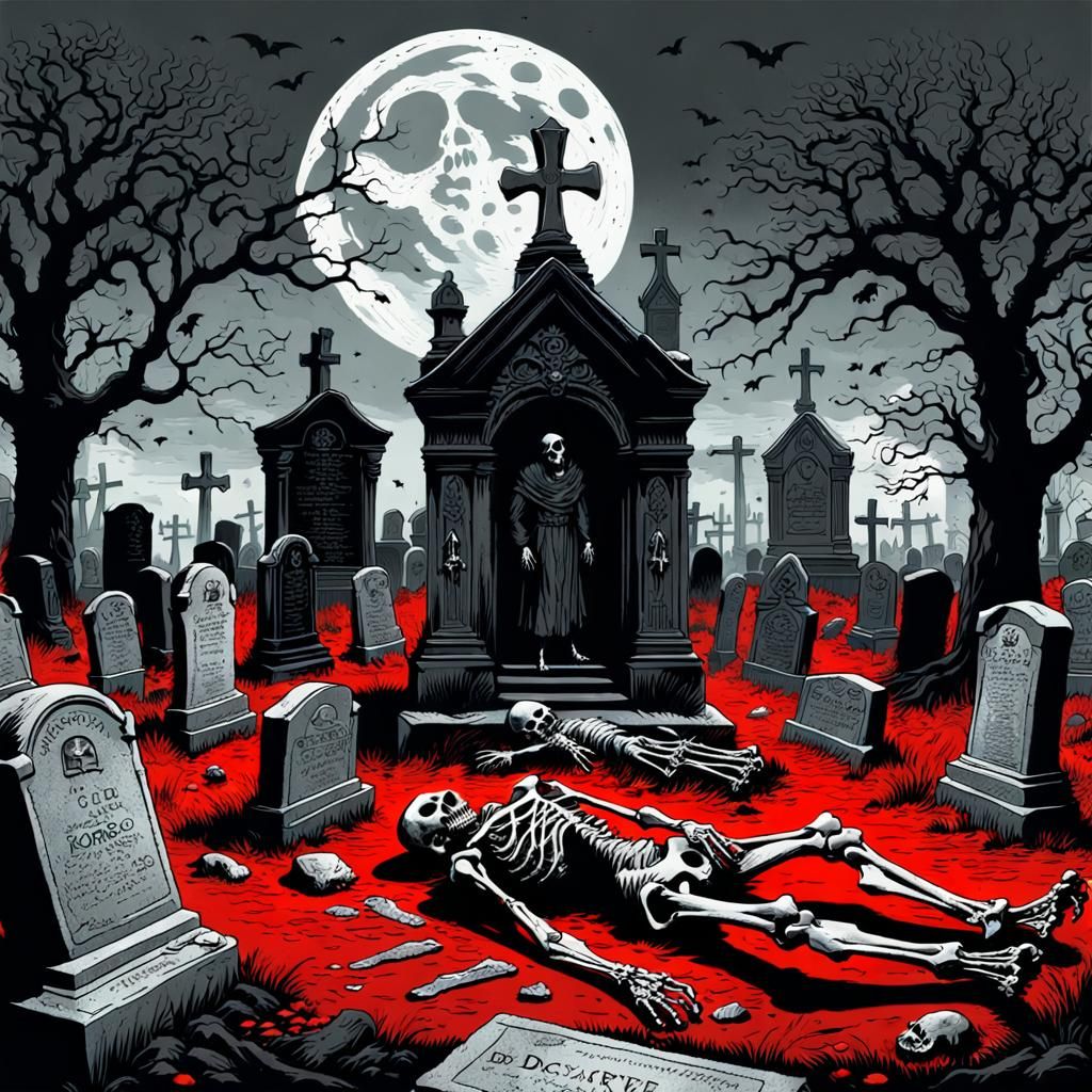 Macabre Decayed Bones and Tombstones in Gothic Horror Style