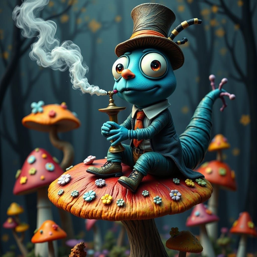 Hookah-Smoking Caterpillar in Dreamlike Wonderland