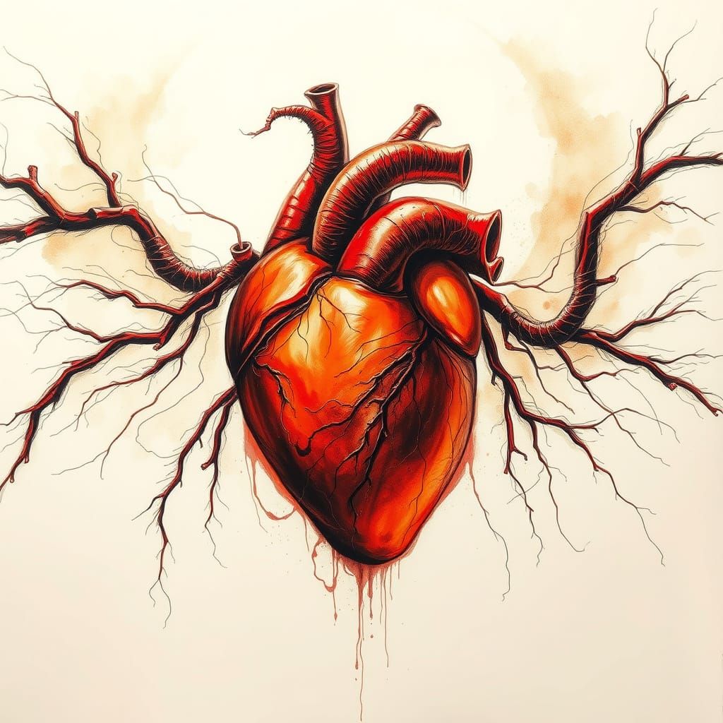 Fiery Red Heart in Charcoal Drawing Style