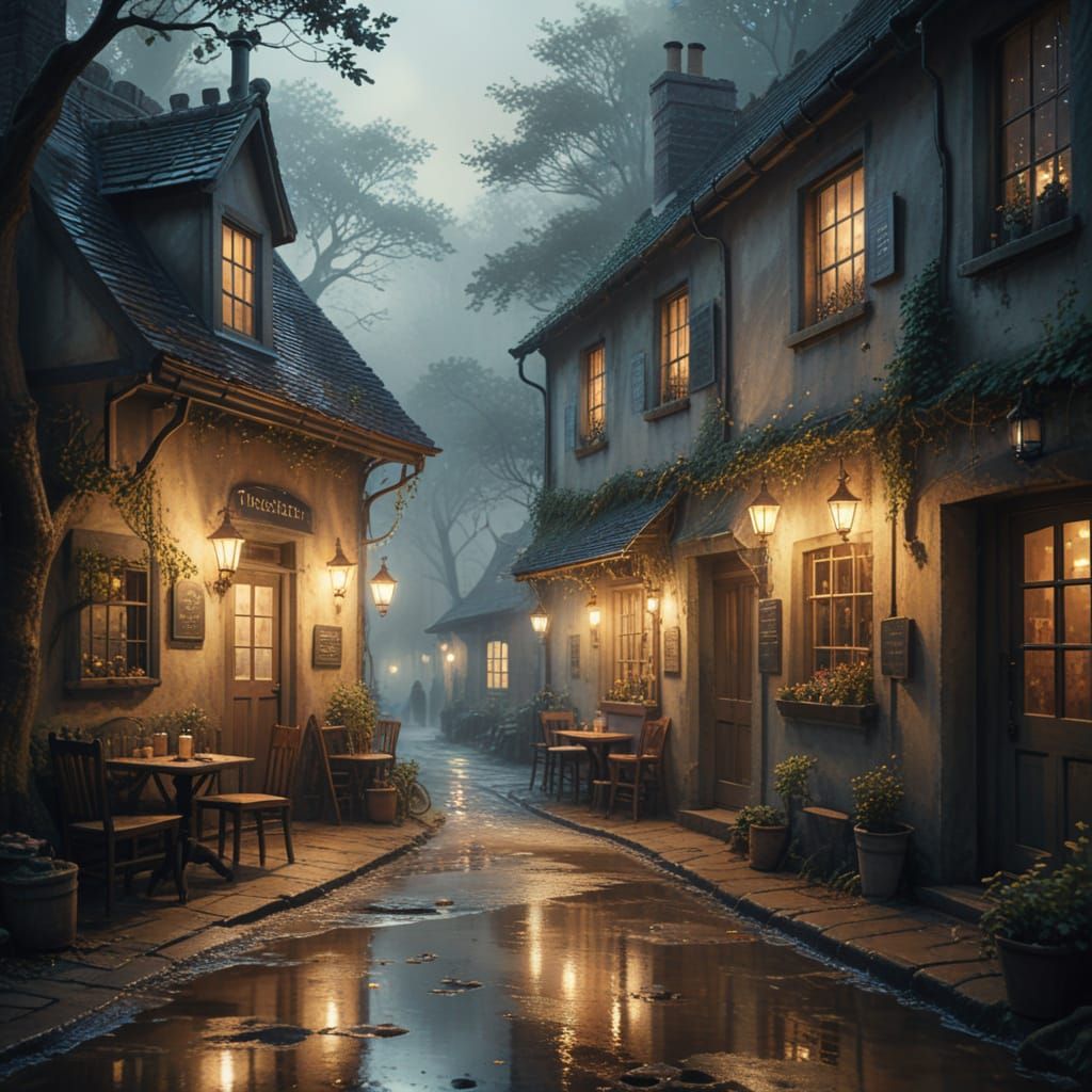 Cozy Tavern in Misty Alleyway, Watercolor Illustration