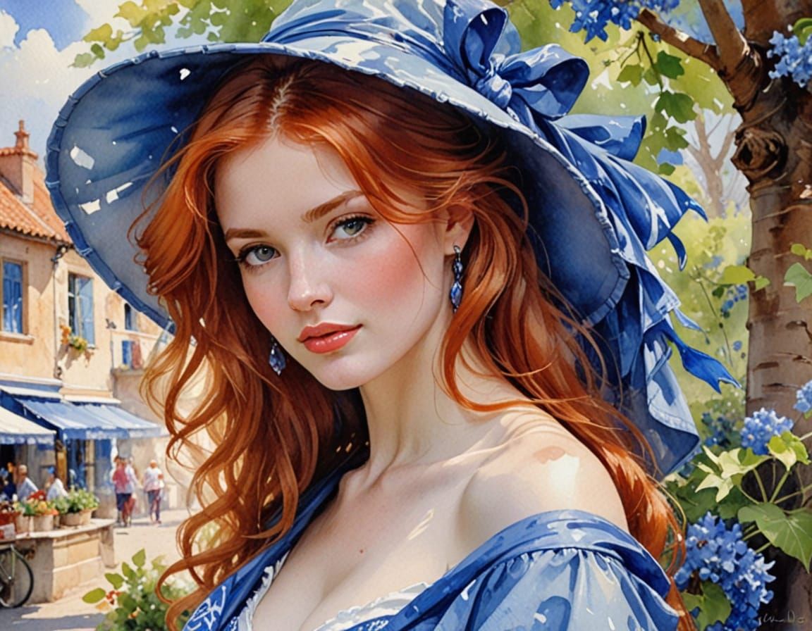 Redhead in Delft Blue: Whimsical Watercolor Portrait