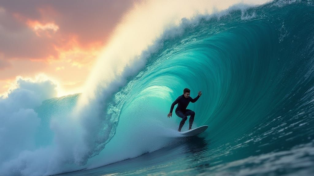Surfer Rides Towering Wave in Hyperrealistic Style