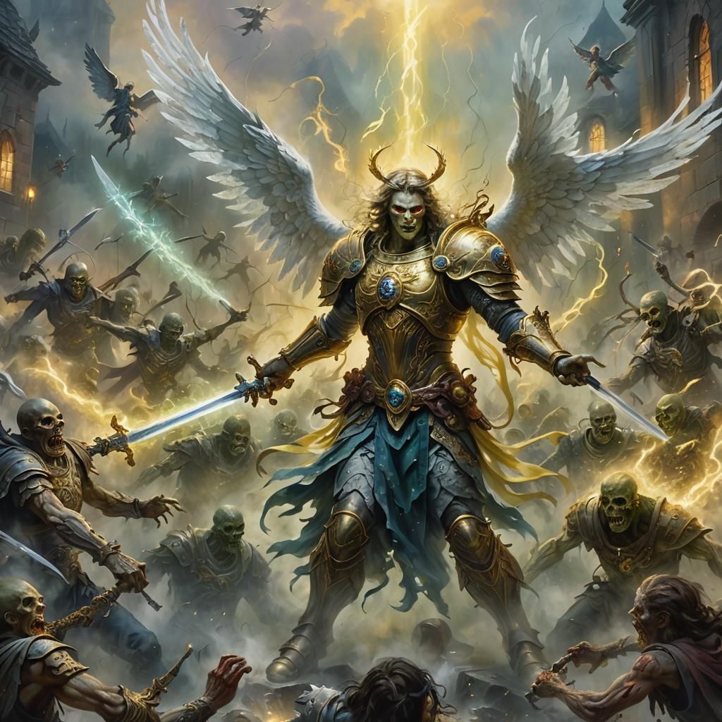 Archangel Slaying Zombies in Ethereal Mist