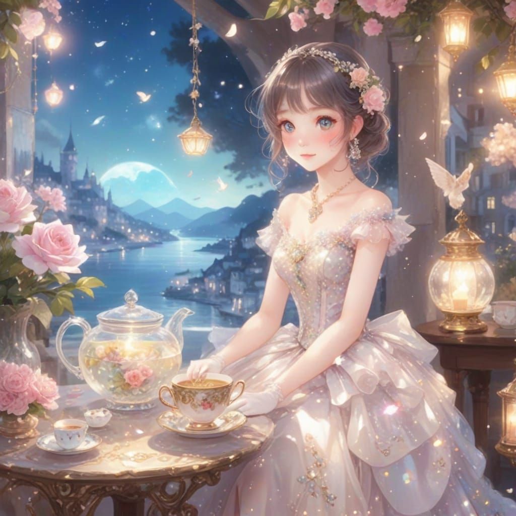 Cat in Ball Gown Sipping Tea, Anime Style