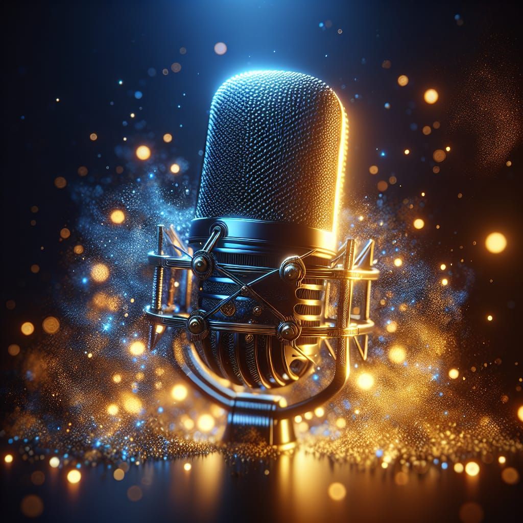 Hyperrealistic 3D Microphone with Gold and Blue Glow