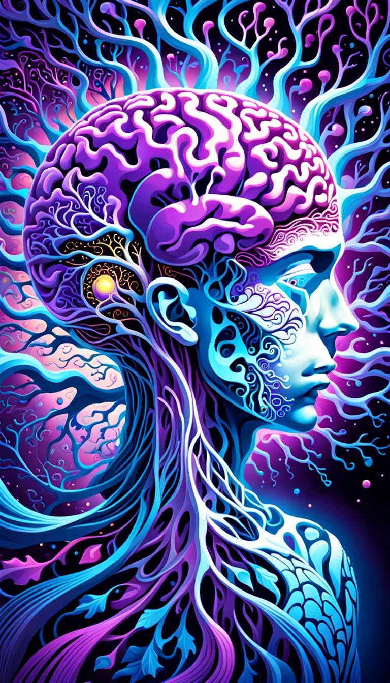 Brain Surrounded by Swirling Psychedelic Dreamscapes