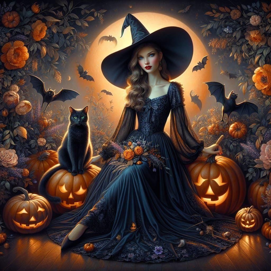 Enchanted Autumn Witch in Elegant Blue Gown