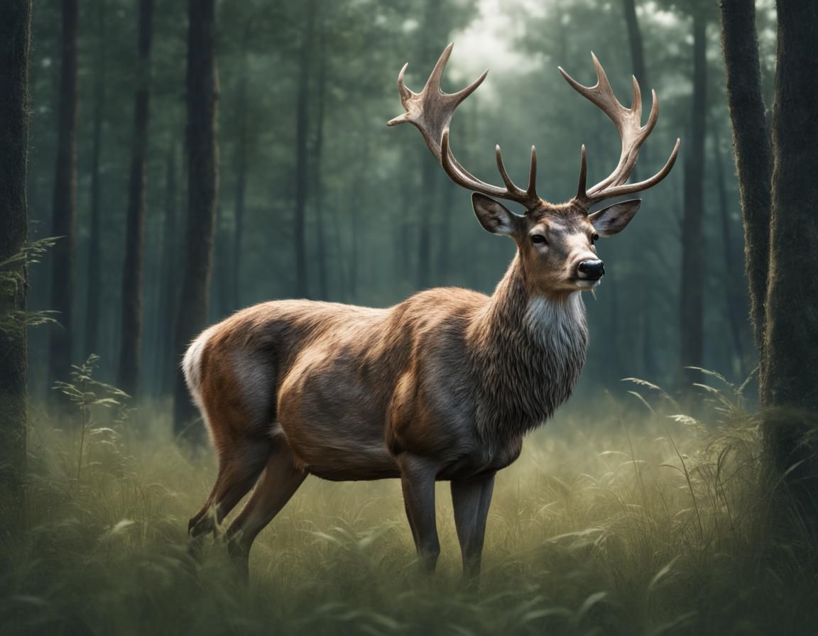 Majestic Deer in Forest Clearing: Hyperrealistic Art