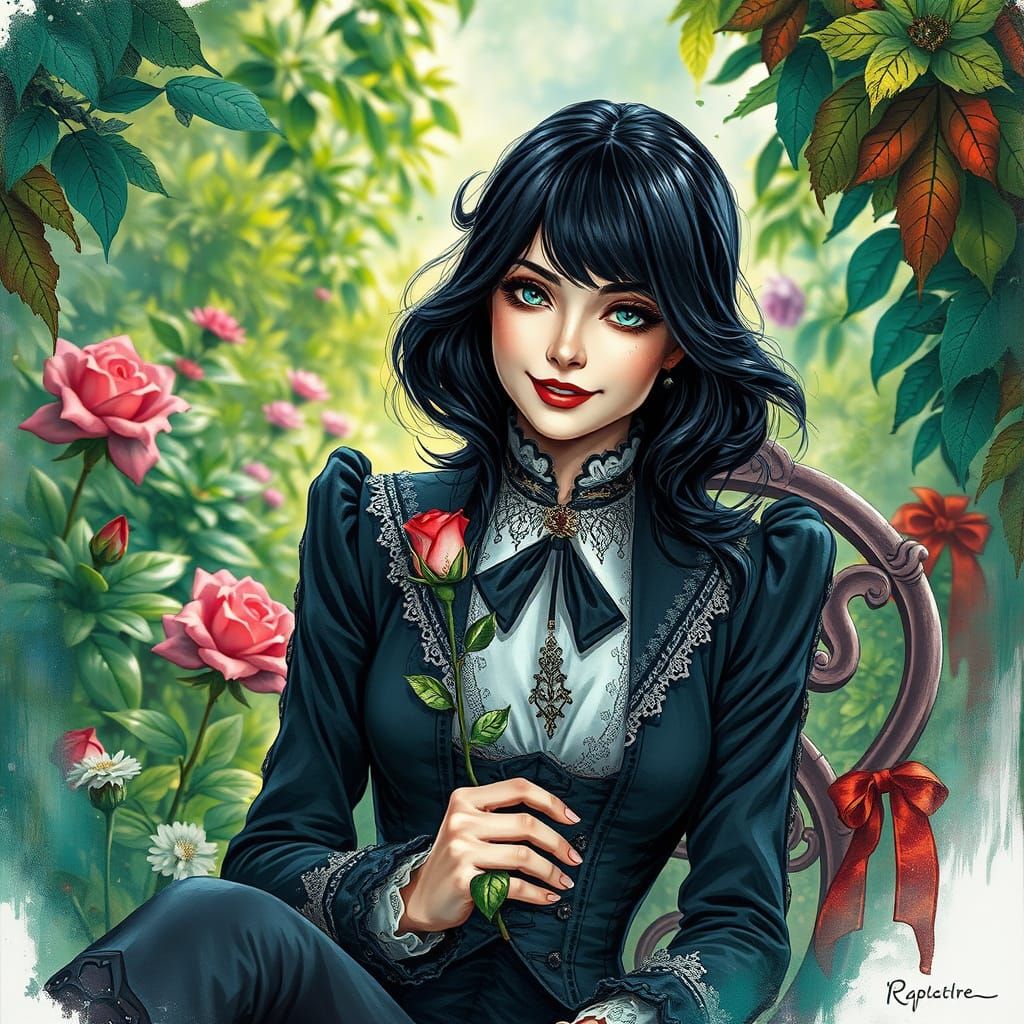 Victorian Woman with Rose in Alcohol Ink Style