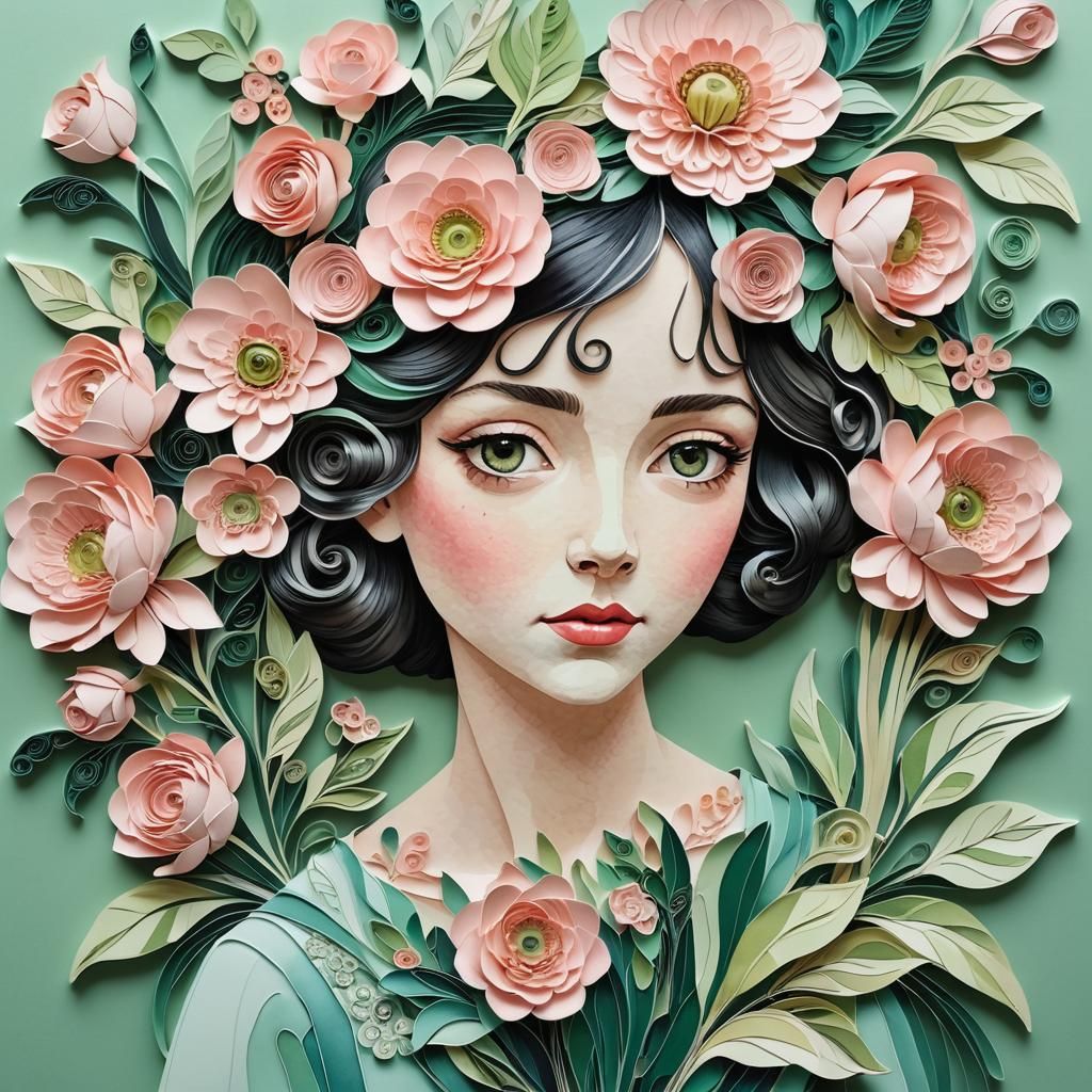 Watercolor Woman with Paper Flower Bouquet