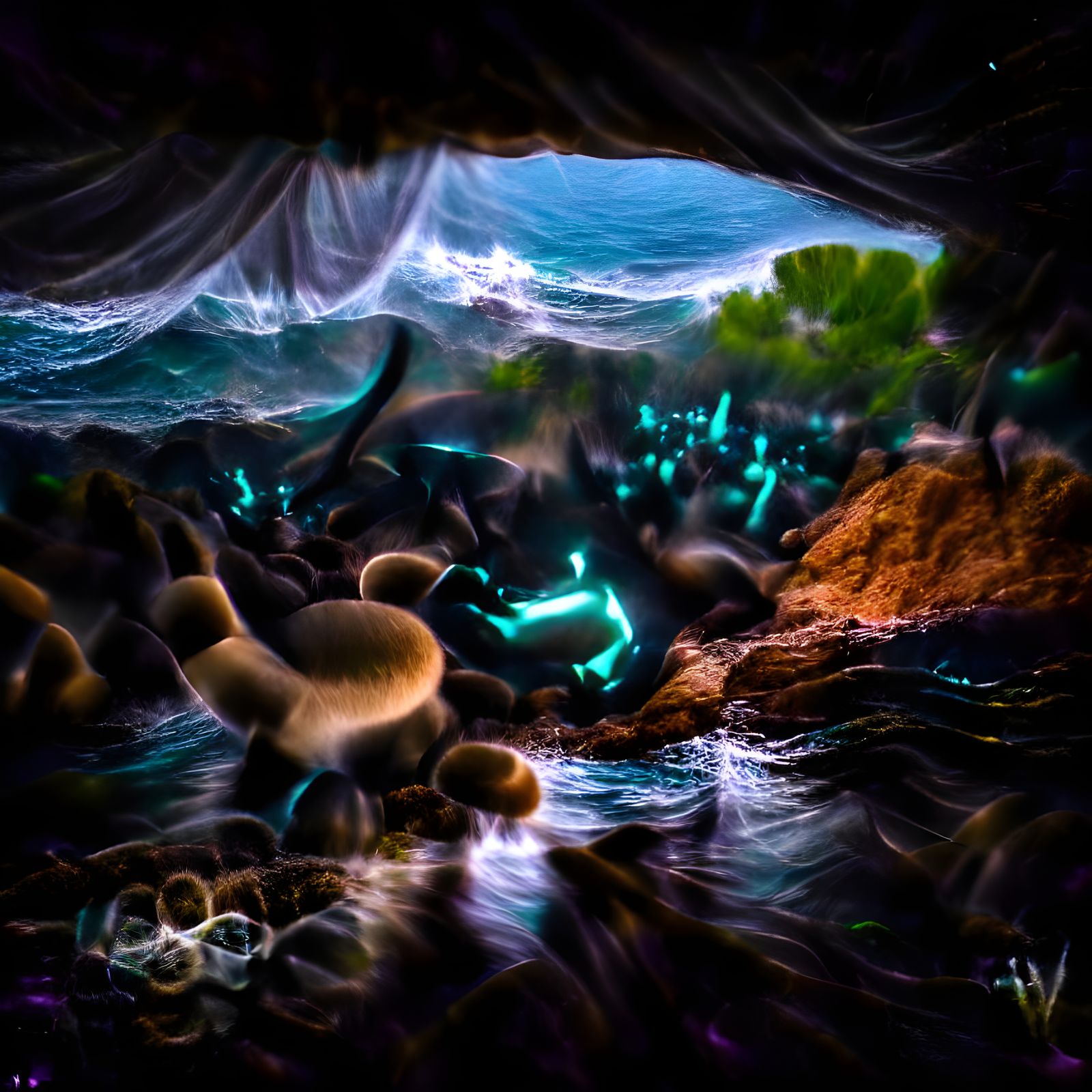 Bioluminescent Cave Ocean in Surreal Abstract Style