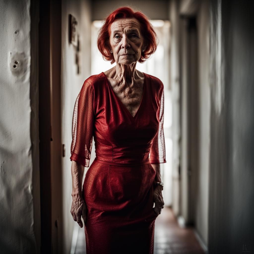 Redhead in Red Dress: Provocative Close-Up Portrait
