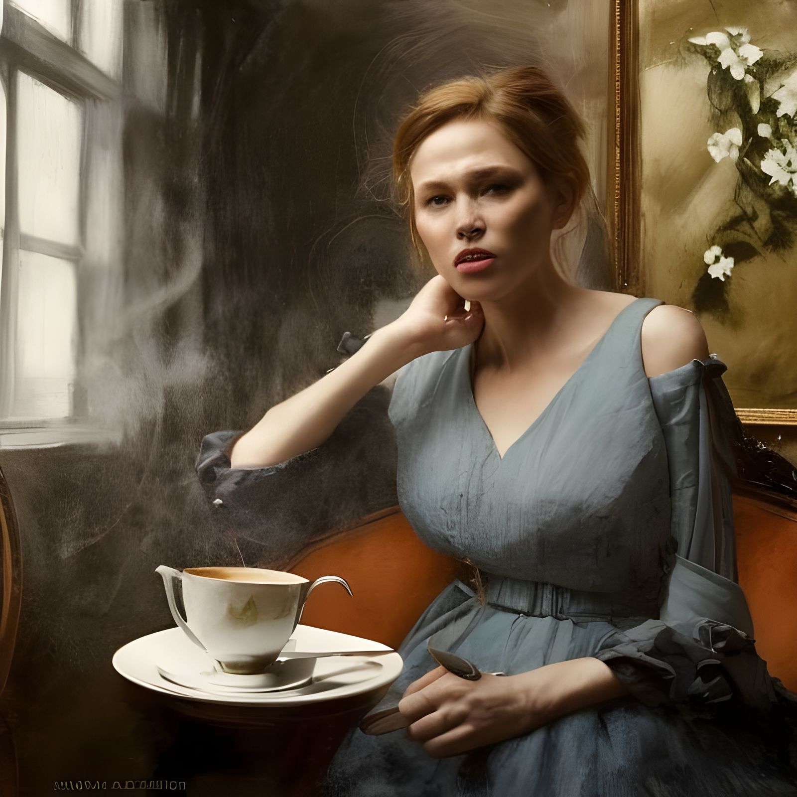 Woman Enjoying Tea: Hyperrealistic Cafe Portrait