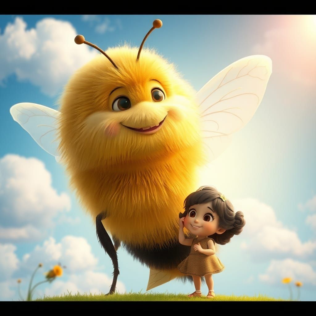 Giant Bee Chatting with Girl in Pixar Style