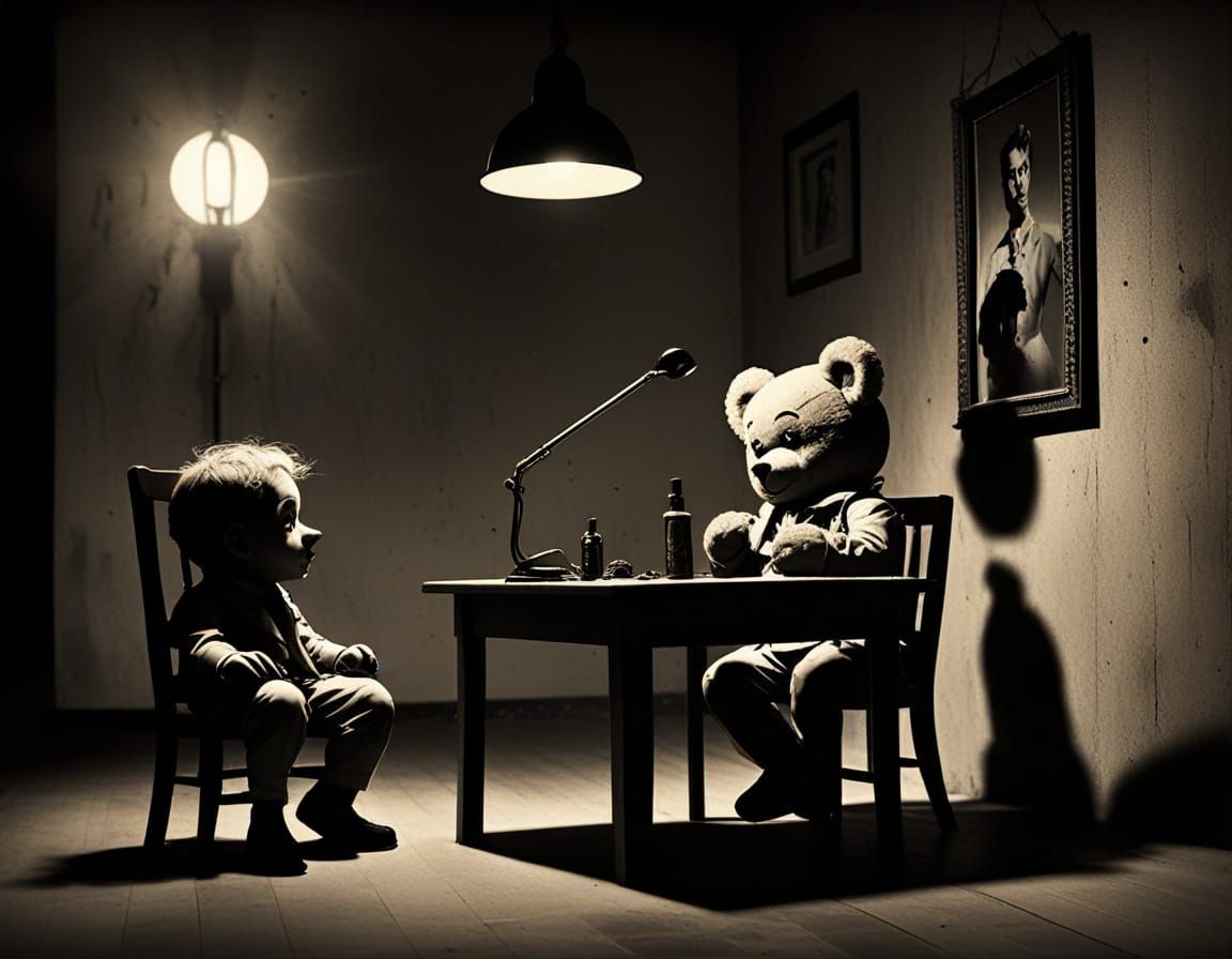 Chibi Cop Interrogates Teddy Bear in Surreal Film Noir