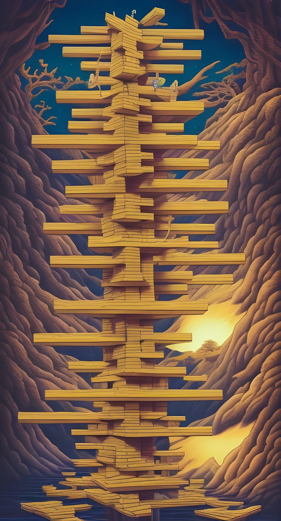 Surreal Jenga Tower in Japanese Landscape