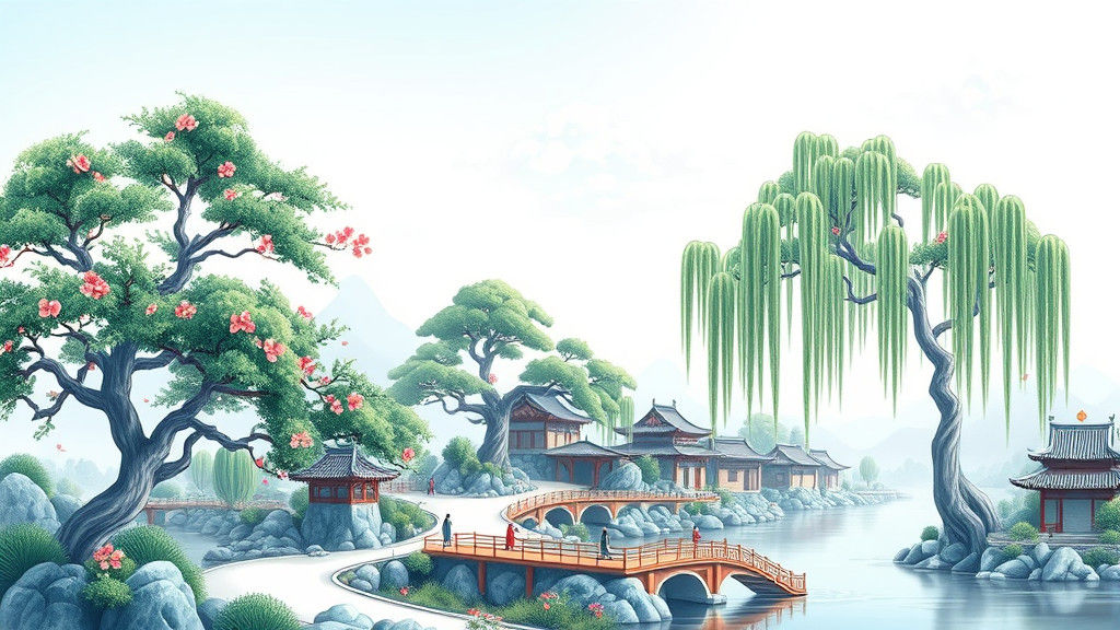 Elegant Chinoiserie Asian Garden Scene Illustration