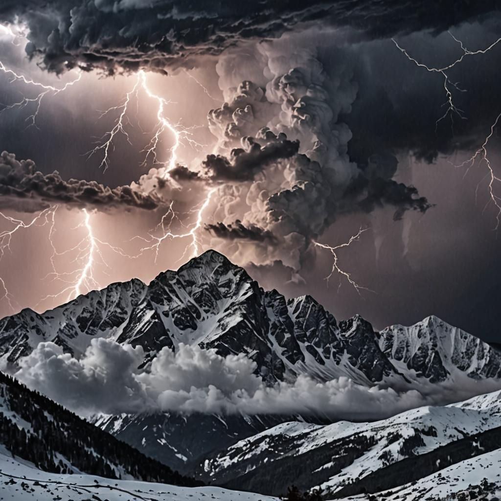Mountain Storm with Lightning over Snowy Peaks