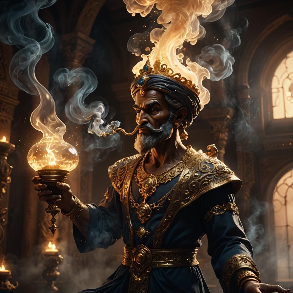Genie Emerges from Lamp in Dark Fantasy Style
