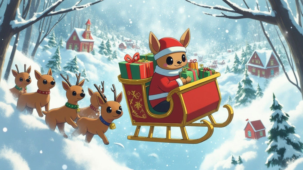 Chihuahua Santa in Flying Sleigh, Dreamlike Digital Art