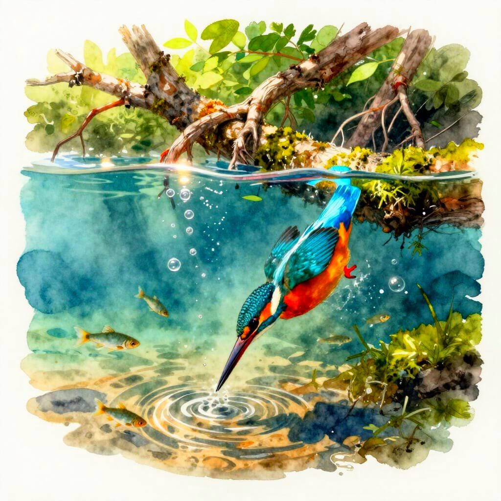 Kingfisher Dive In Vibrant Watercolor Expressionism