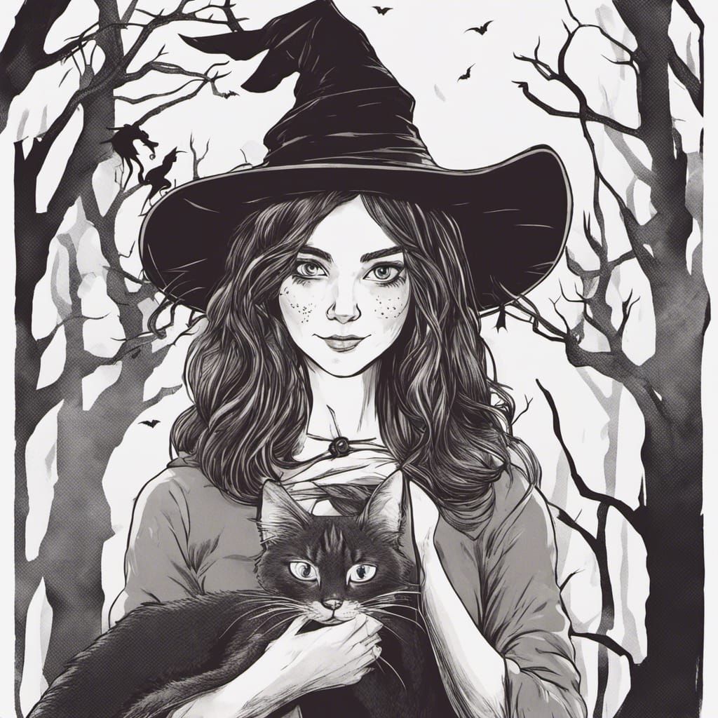 Halloween Witch and Cat Portrait in Forest