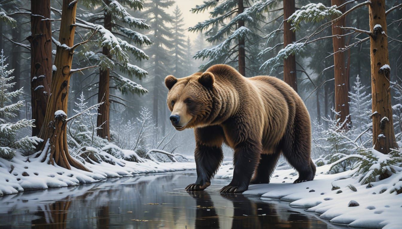 Serenely Standing Bear in Trompe l'Oeil Winter Forest