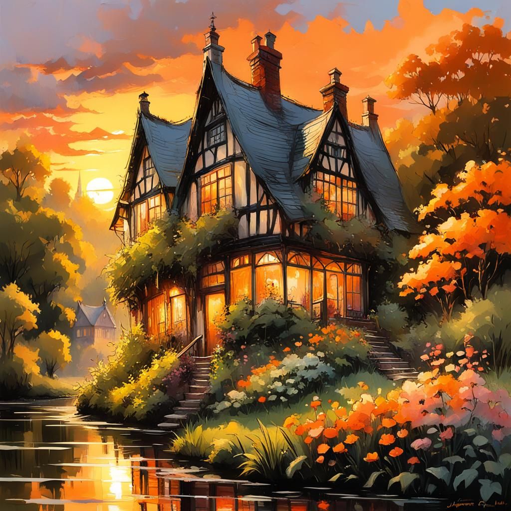 Victorian Village and Cottage Garden at Sunset