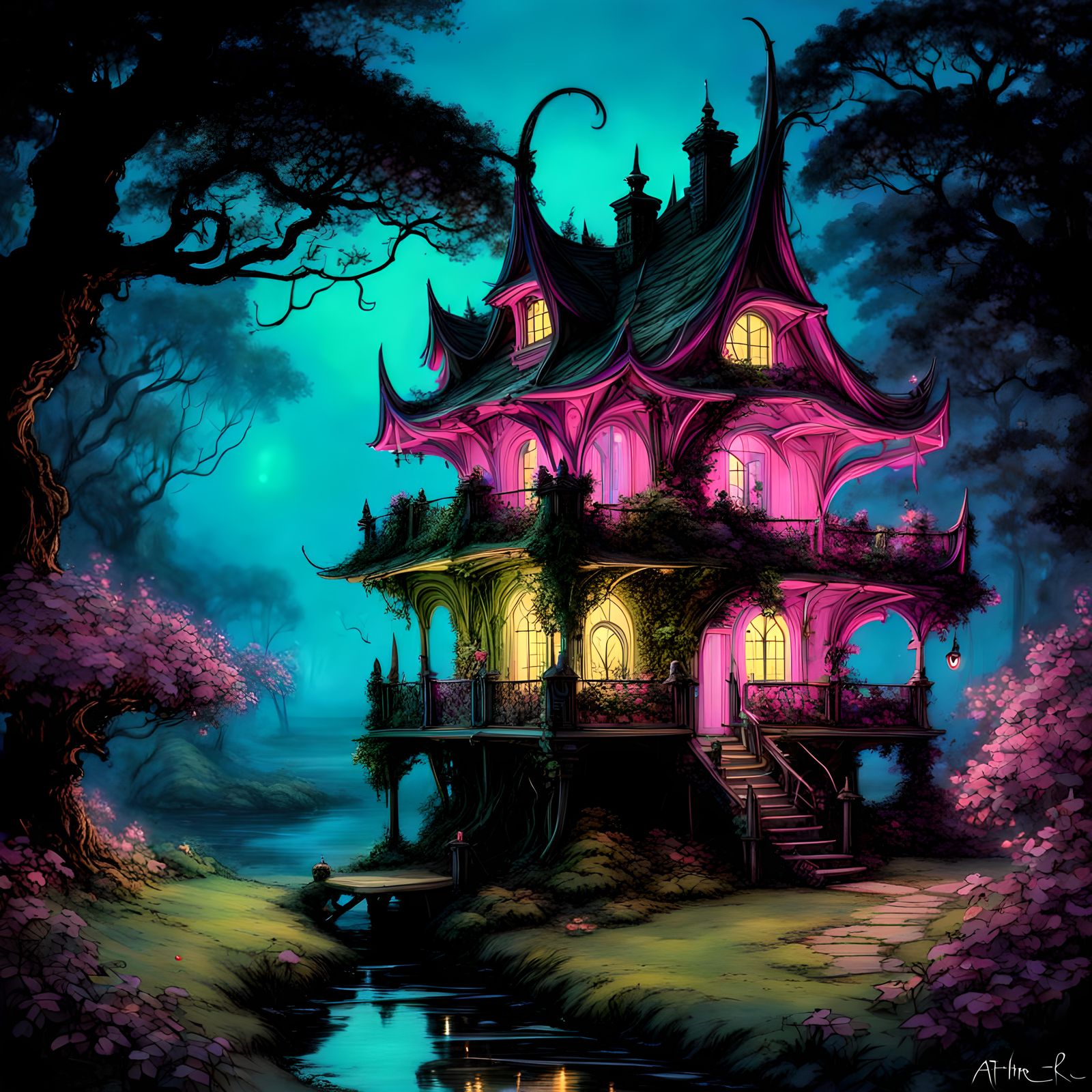 Exquisite fantasy fairy house, neon, by Arthur Rackham,