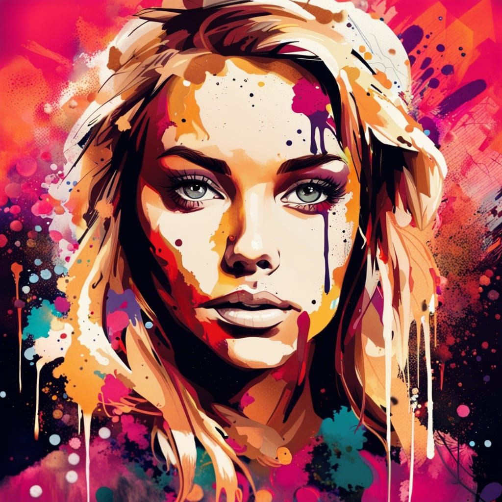 Russet Blonde Lady in Ink Splatter Graffiti Art