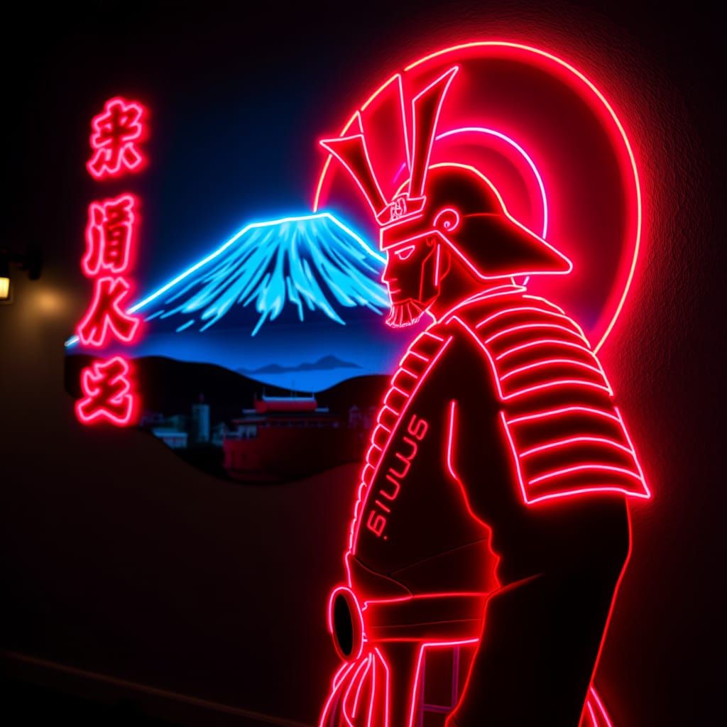Neon Samurai Art in Front of Mount Fuji
