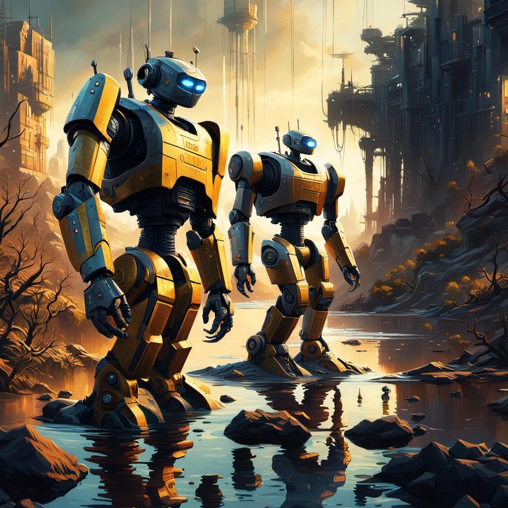 Epic Robots Clash in a Ruined River Landscape