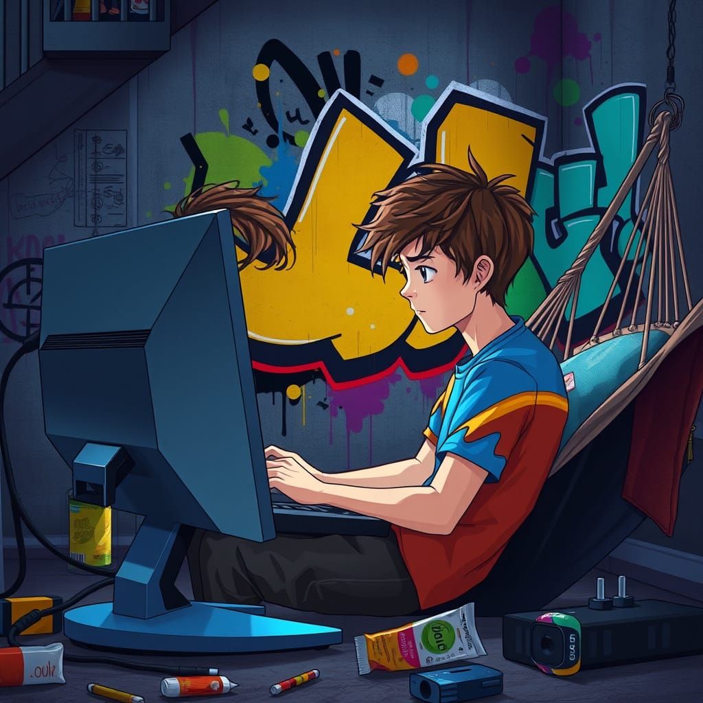 Boy Enjoys Futuristic Gaming Session in Graffiti-Lined Room