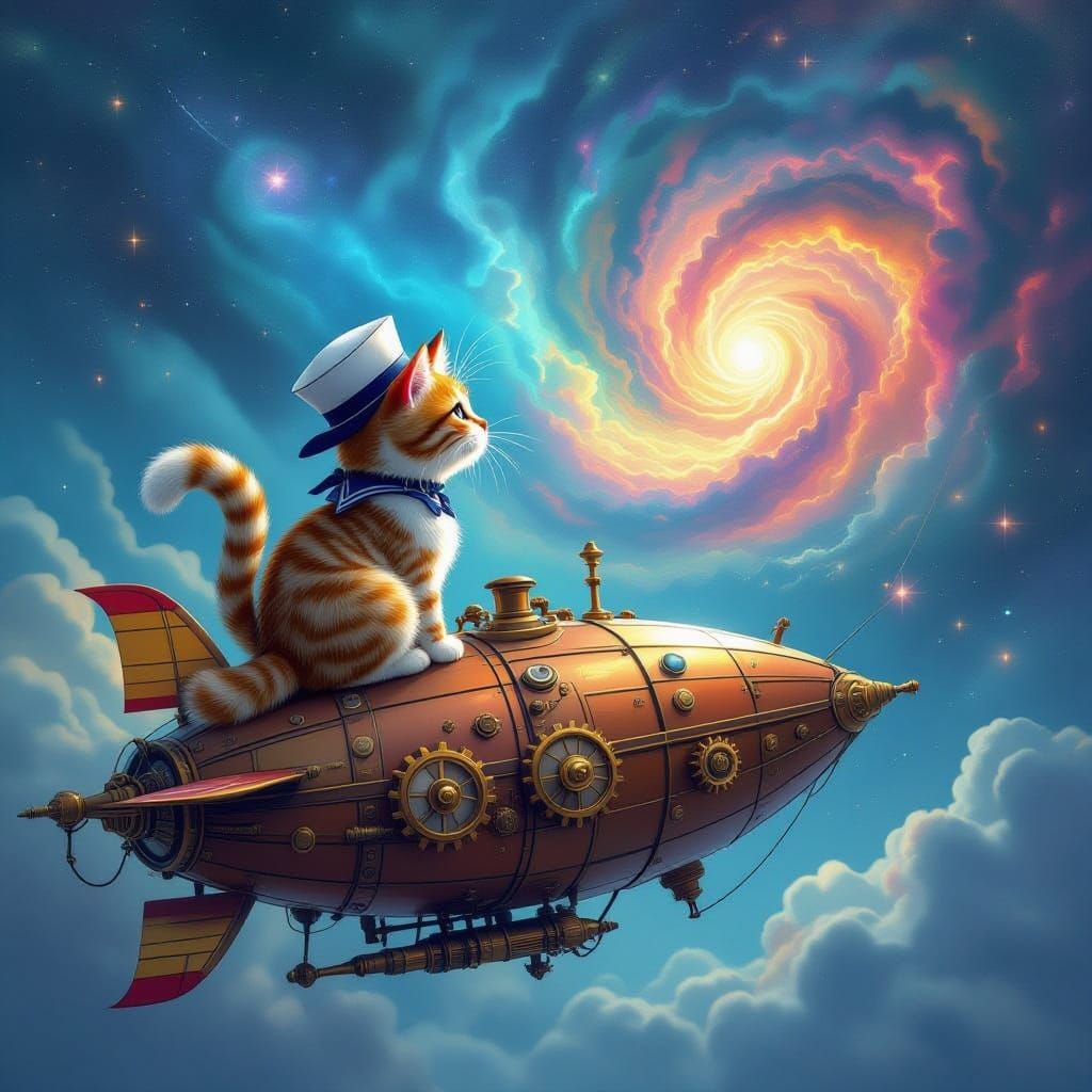 Whimsical Cat on Steampunk Airship in Nebula