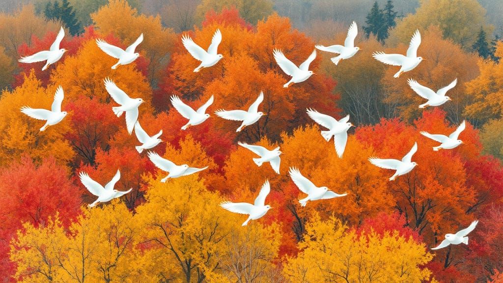 Delicate Flock Soars Above Vibrant Autumn Landscape in Whims...
