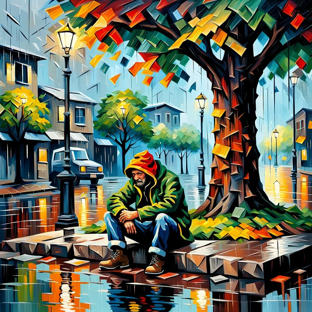 Homeless Person in Rainy Expressionist Impasto Painting