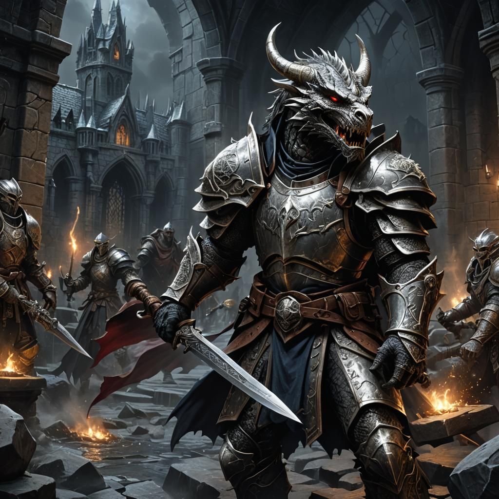 Silver Dragonborn Paladin in Dark Fantasy Battle