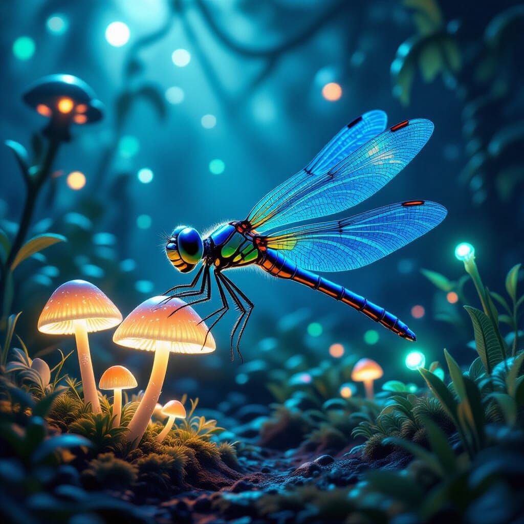 Bioluminescent Dragonfly with Solar Wings and Glowing Mushro...