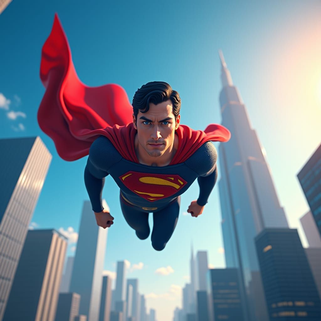 Superman Soaring Over Futuristic Cityscape