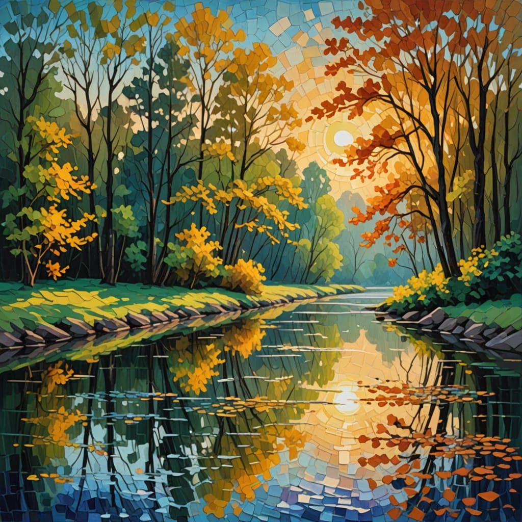 Golden Hour Park by River in Oil Painting Style