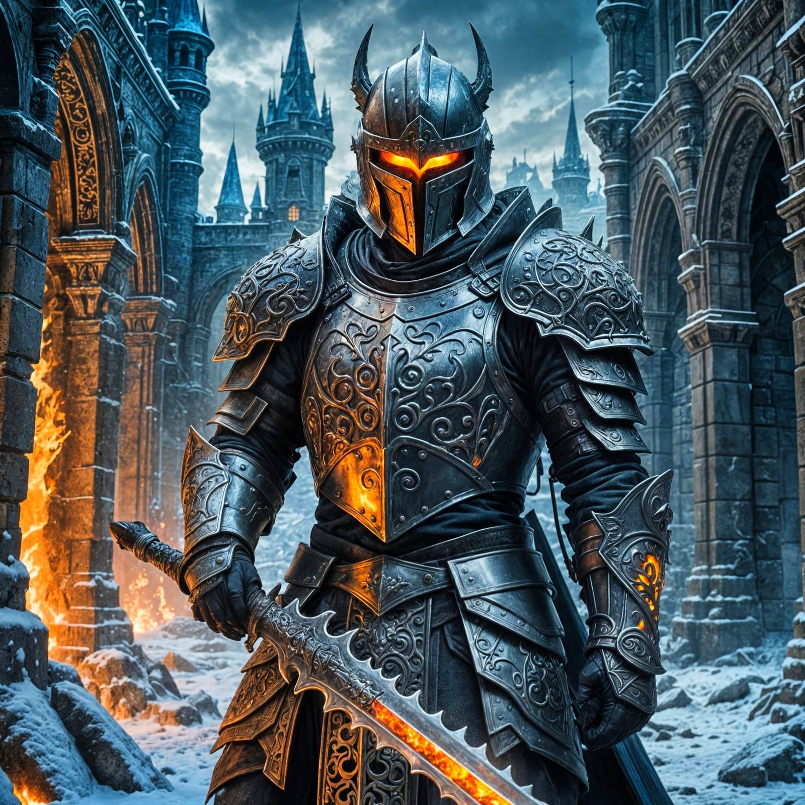 Ominous Knight in Frozen Ruins: Hyperdetailed 3D Render