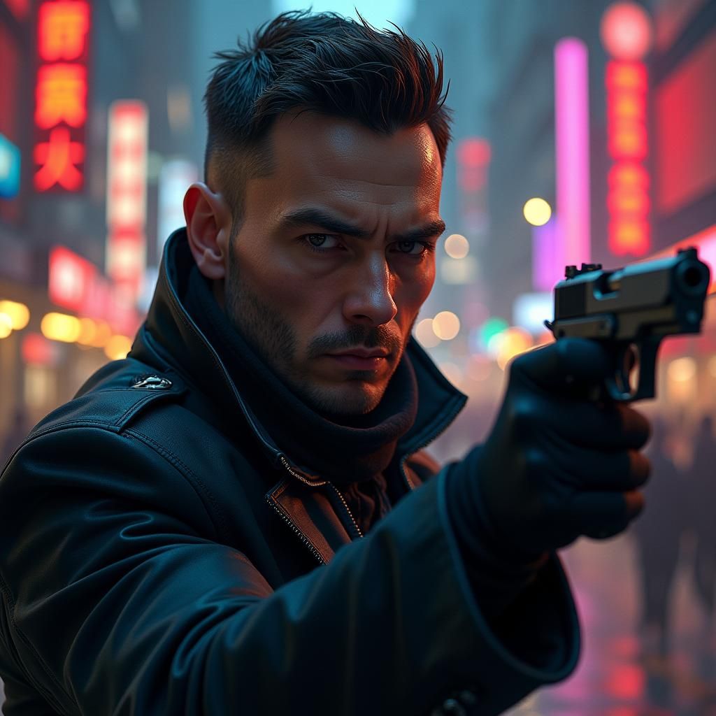 Hyperrealistic Man with Gun in Urban Cityscape