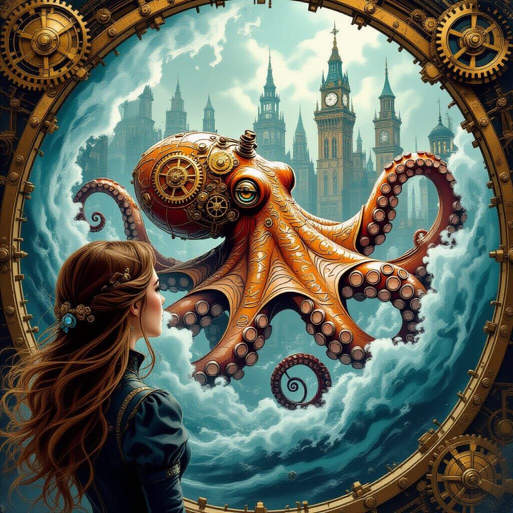 Steampunk Woman Gazes at Clockwork Octopus in Victorian City