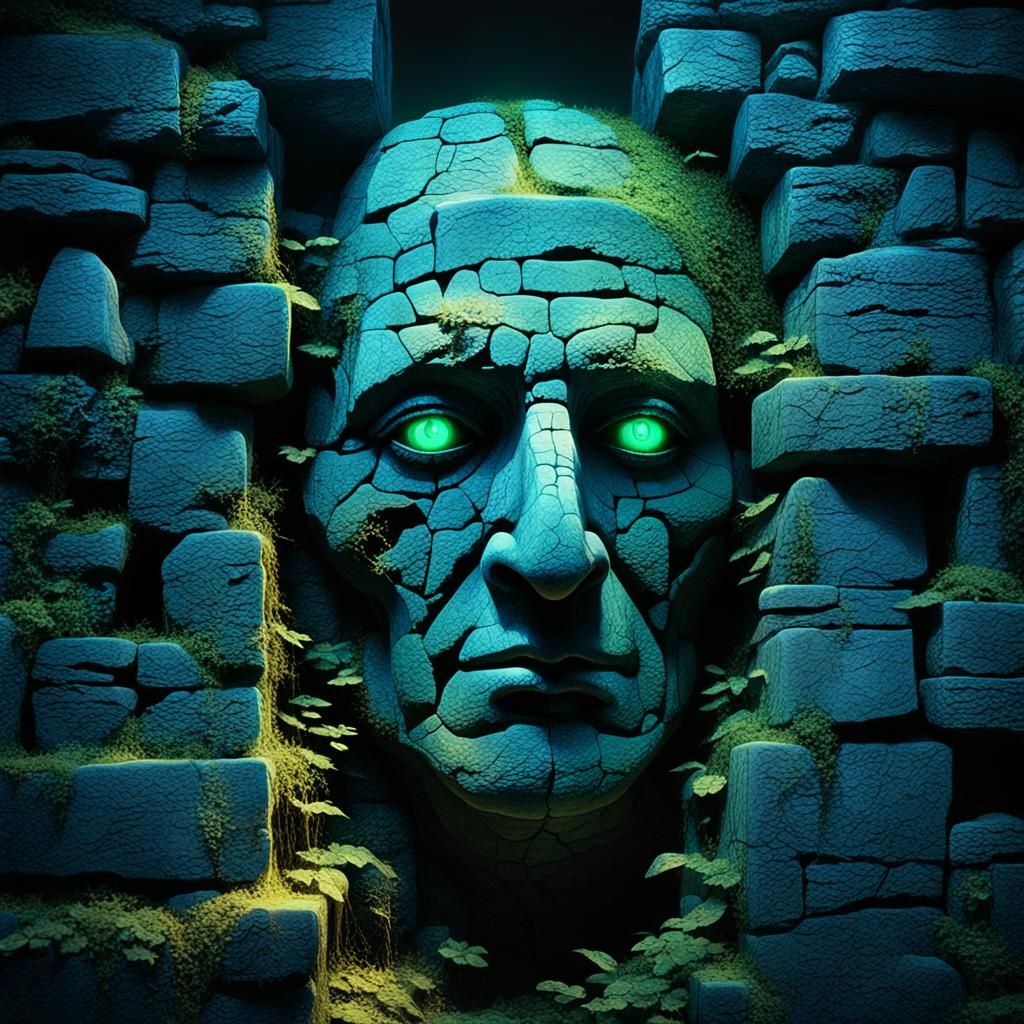 Ethereal Face Emerges from Ancient Stone Wall