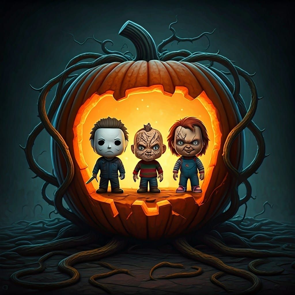 Horror Funko Pops in Jack-o-Lantern, Matte Painting