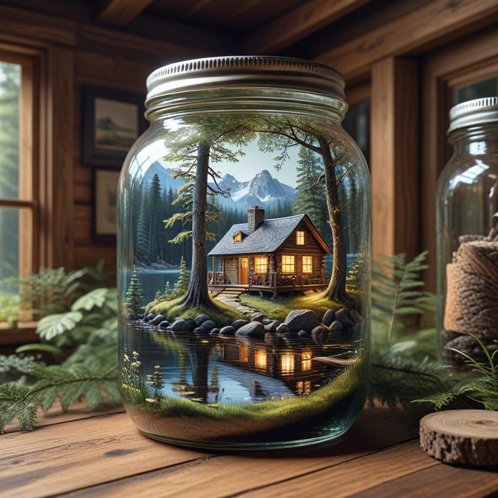 Cottagecore Lake Cabin Inside a Canning Jar