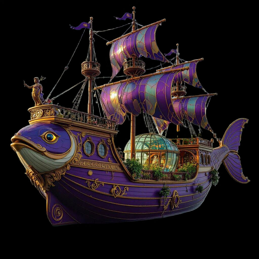 Ornate Fish Ship with Butterfly Sails in Art Nouveau Style