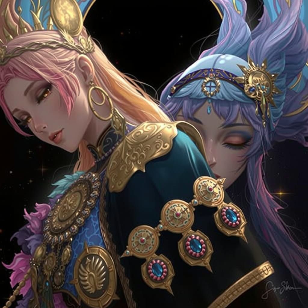 Anime Sisters in Jeweled Landscape as Digital Art