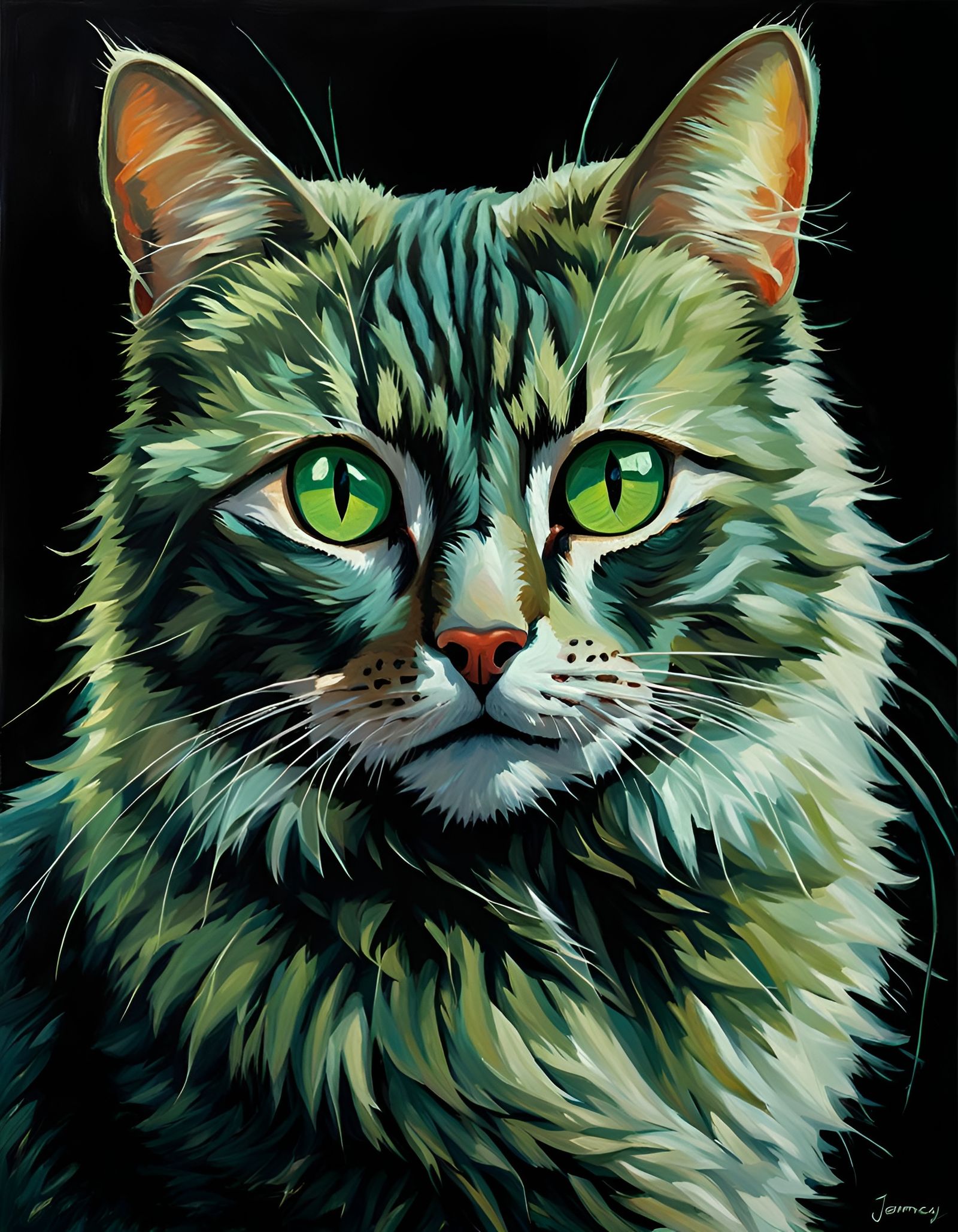 Glowing Green Cat Eyes in Oil Painting Style