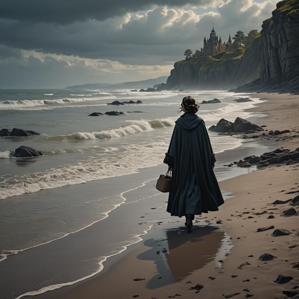 Victorian Woman Walking on Shoreline in Fantasy Art